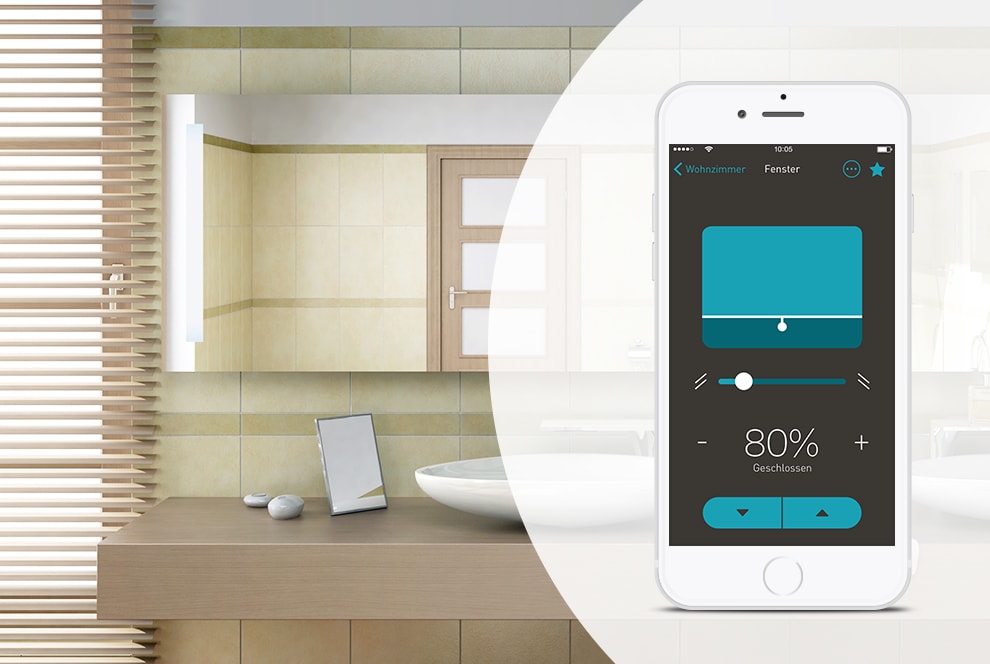 Vermeiden Sie unerwünschte Blicke Badezimmer mit blickdicht positionierten Lamellen und Smartphonen mit eNet SMART HOME App Screen_Jalousien.jpg