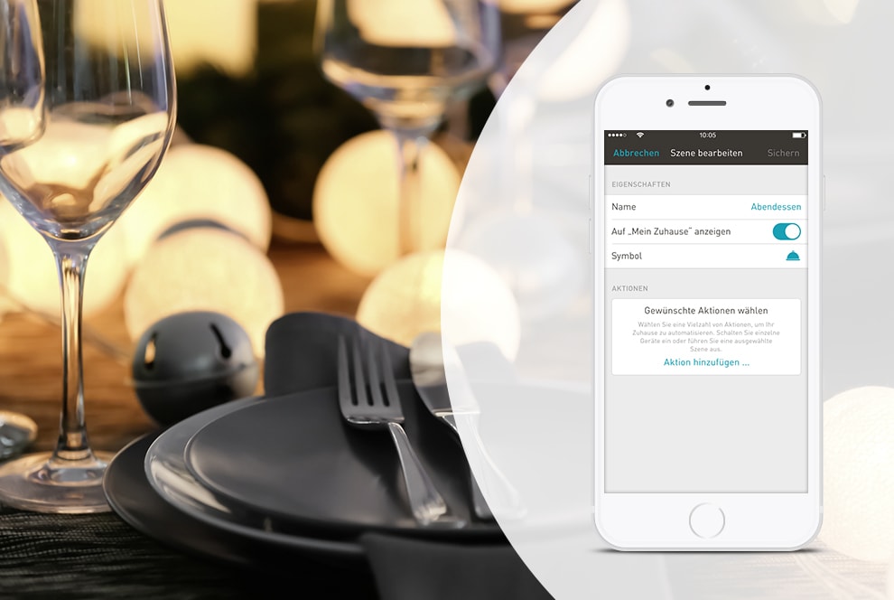 Stimmungsvolle Lichtszenen schaffen Esstisch mit gedimmtem Licht und Smartphone mit eNet SMART HOME-App Szene Abendessen.