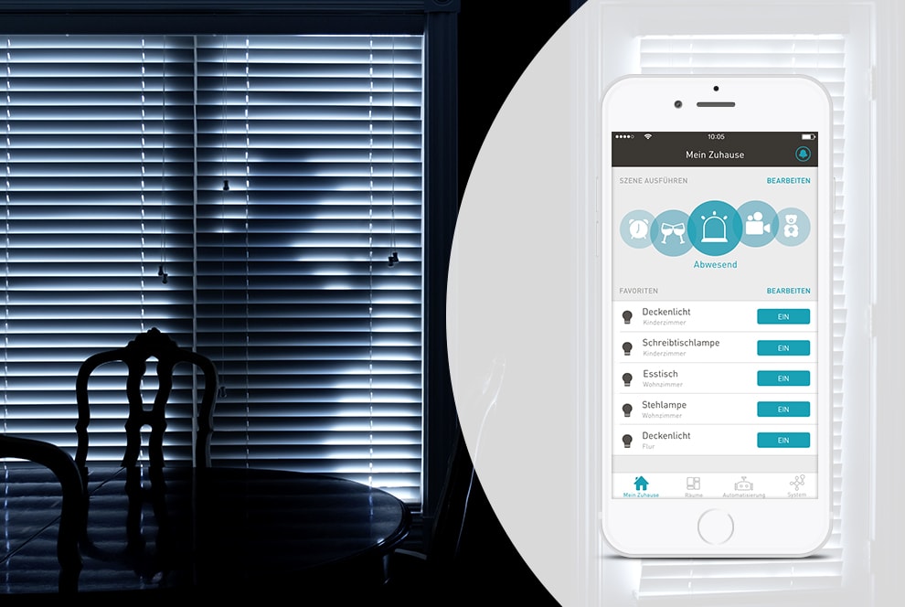 Sicher fühlen - auch bei Abwesenheit Menschliche Silhouette am Fenster bei Nacht und Smartphone mit eNet SMART HOME App.